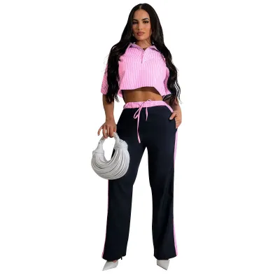 Women Fashion Casual Stripe Laple Short-Sleeve Crop Top Loose Straight Pants Two-Piece Set