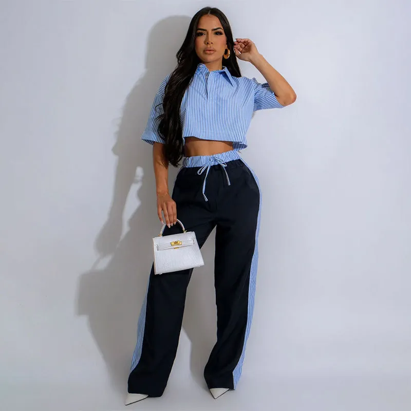 Women Fashion Casual Stripe Laple Short-Sleeve Crop Top Loose Straight Pants Two-Piece Set