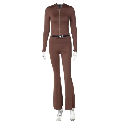 Women Fashion Autumn Winter Solid Color Zipper Long Sleeve Hooded Crop Top Flared Pants Two-Piece Set