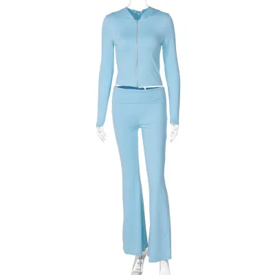 Women Fashion Autumn Winter Solid Color Zipper Long Sleeve Hooded Crop Top Flared Pants Two-Piece Set