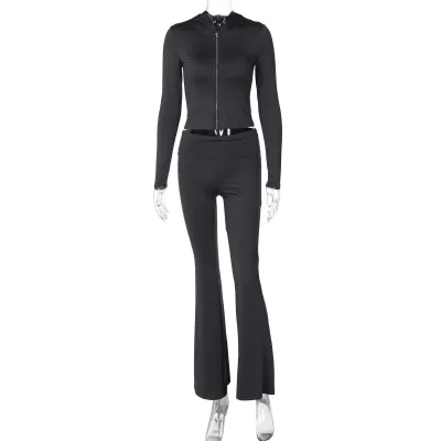 Women Fashion Autumn Winter Solid Color Zipper Long Sleeve Hooded Crop Top Flared Pants Two-Piece Set
