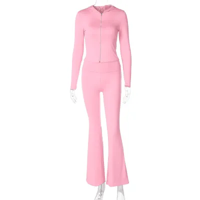 Women Fashion Autumn Winter Solid Color Zipper Long Sleeve Hooded Crop Top Flared Pants Two-Piece Set