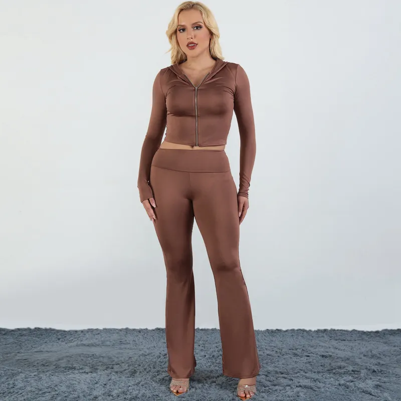 Women Fashion Autumn Winter Solid Color Zipper Long Sleeve Hooded Crop Top Flared Pants Two-Piece Set