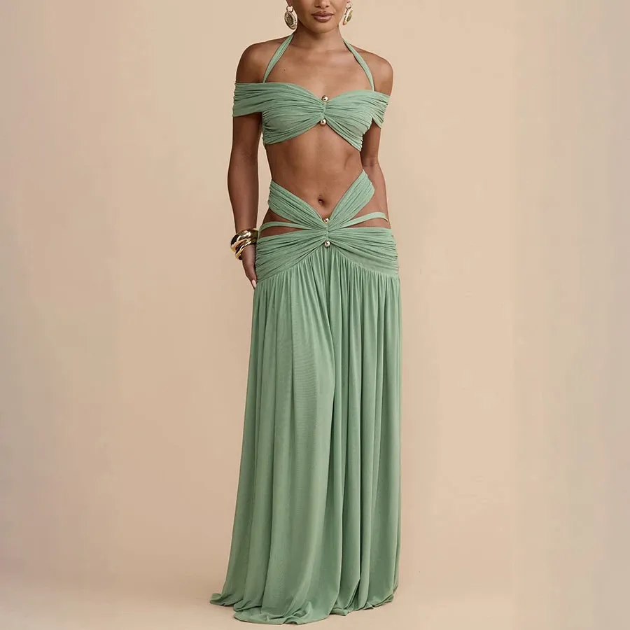 Women Fashion Sexy Solid Color Halter-Neck Crop Top Pleated Hollow Maxi Skirt Two-Piece Set