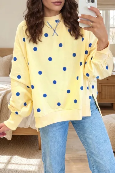 Women Fashion Casual Autumn Winter Polka Dot Print Round Neck Long-Sleeve Loose Sweatshirt