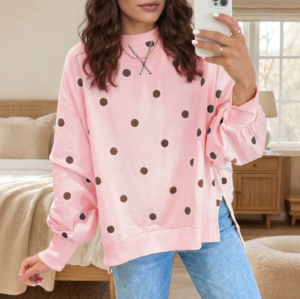 Women Fashion Casual Autumn Winter Polka Dot Print Round Neck Long-Sleeve Loose Sweatshirt