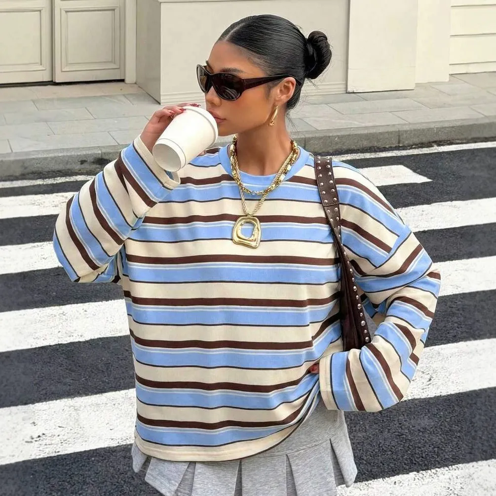 Women Fashion Casual Autumn And Winter Stripe Round Neck Long-Sleeve Loose Sweatshirt