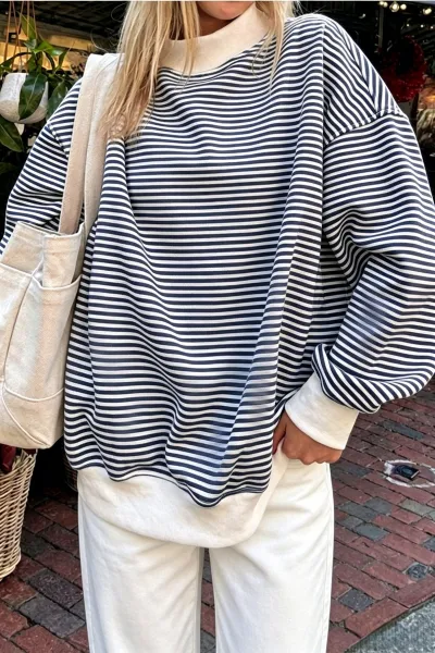 Women Fashion Casual Autumn And Winter Color Stripe Long Sleeve Loose Sweatshirt