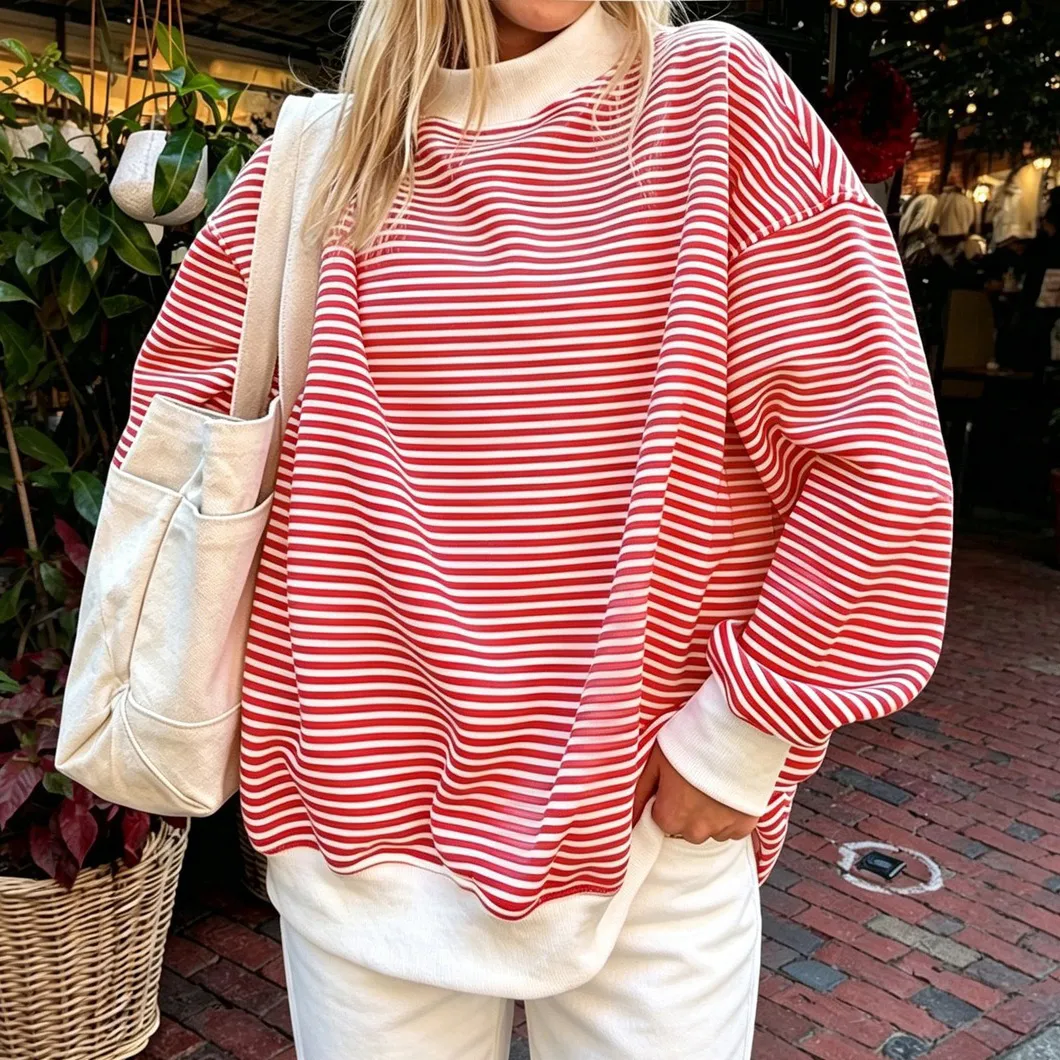 Women Fashion Casual Autumn And Winter Color Stripe Long Sleeve Loose Sweatshirt