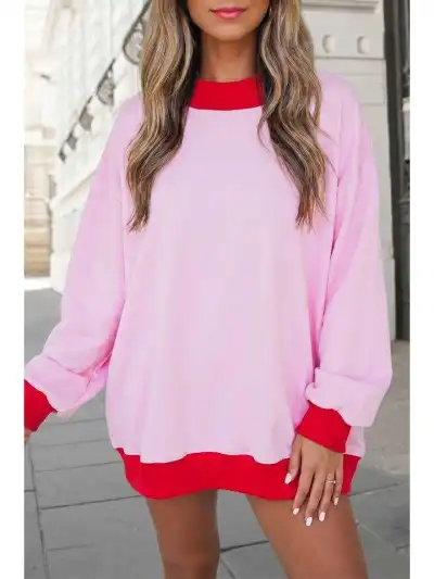 Women Fashion Casual Autumn And Winter Color Contrast Round Neck Long Sleeve Loose Sweatshirt