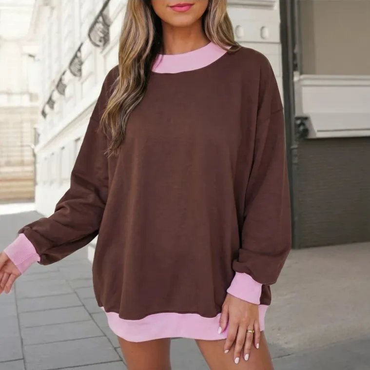 Women Fashion Casual Autumn And Winter Color Contrast Round Neck Long Sleeve Loose Sweatshirt