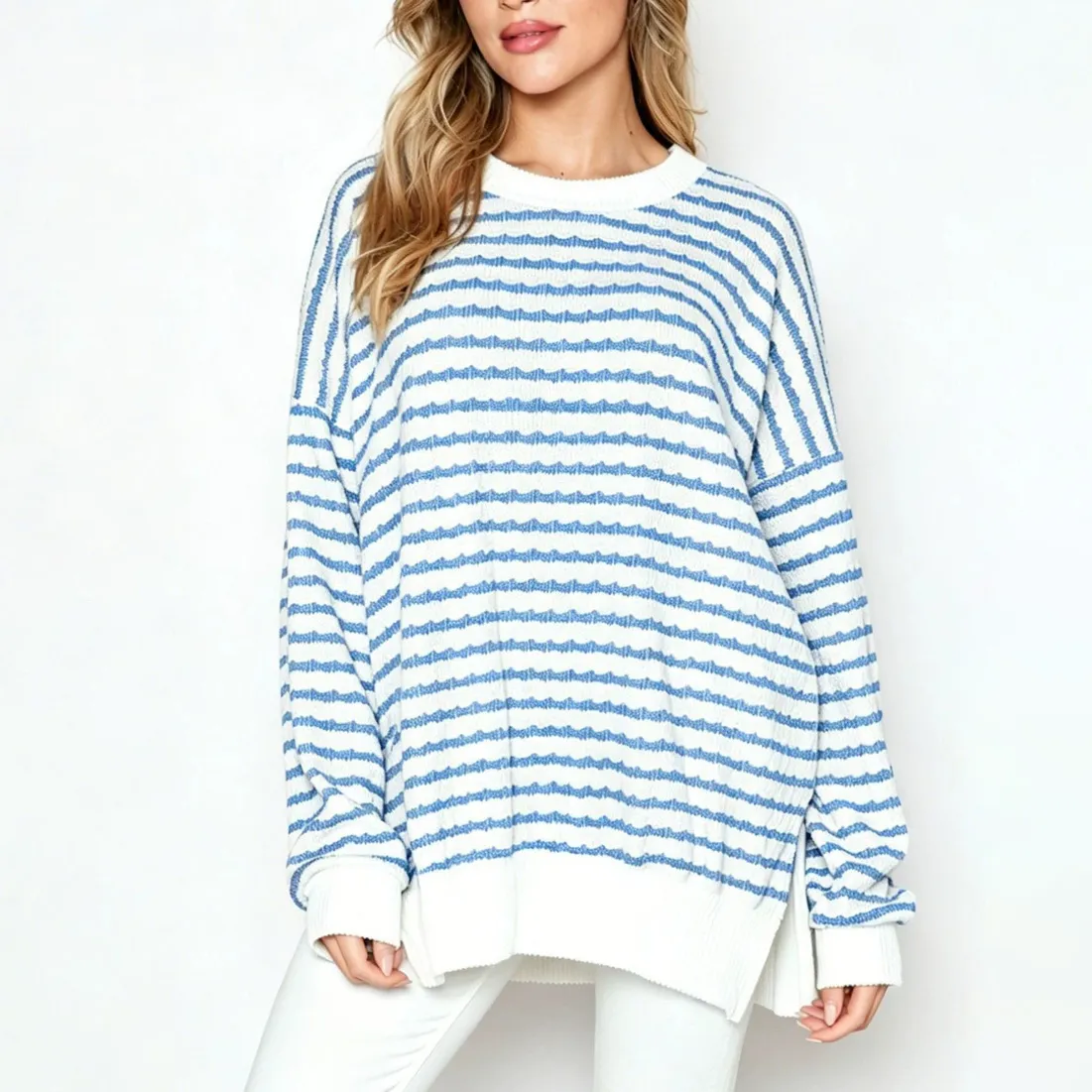 Women Fashion Casual Autumn And Winter Contrast Color Stripe Long-Sleeve Loose Sweatshirt