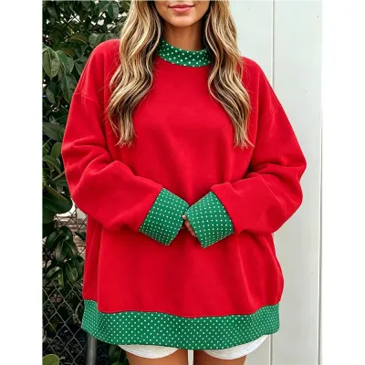 Women Fashion Casual Autumn Stitching Round Neck Long Sleeve Loose Sweatshirt