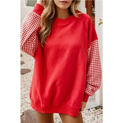 Women Fashion Casual Autumn Stitching Contrast Plaid Round Neck Long Sleeve Loose Sweatshirt
