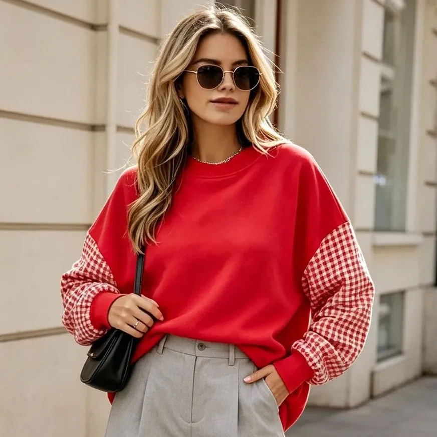 Women Fashion Casual Autumn Stitching Contrast Plaid Round Neck Long Sleeve Loose Sweatshirt