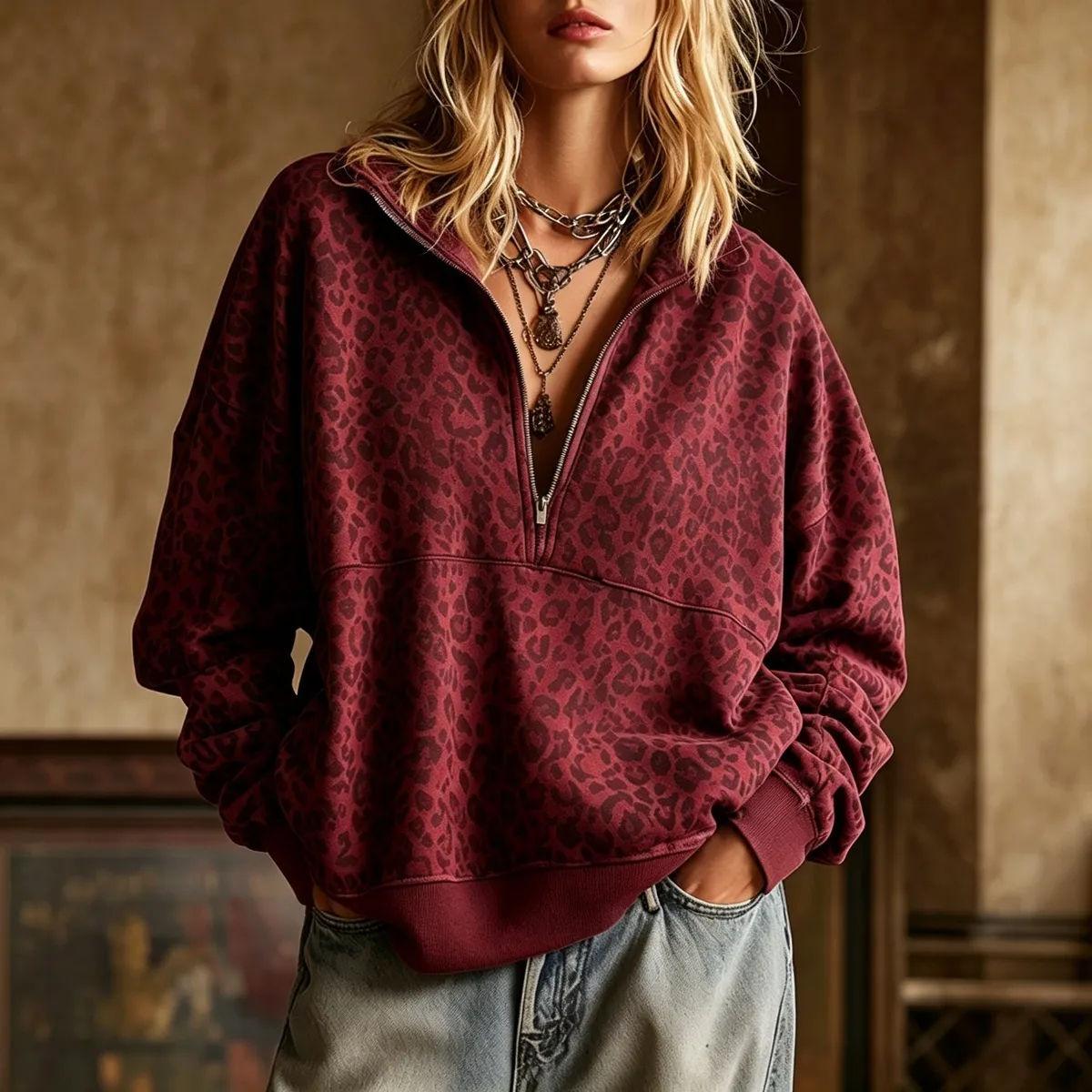 Women Fashion Casual Autumn Leopard Printed Lapel Zipper Long-Sleeve Loose Sweatshirt