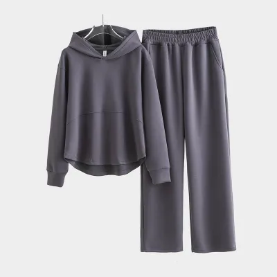 Women Fashion Casual Autumn And Winter Solid Color Long-Sleeve Hoodies Loose Pants Two-Piece Set