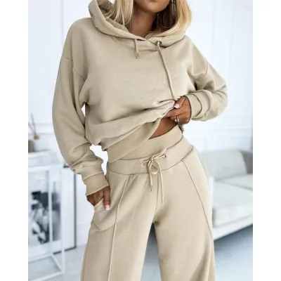 Women Fashion Casual Autumn And Winter Patchwork Long-Sleeve Hoodies Loose Pants Two-Piece Set
