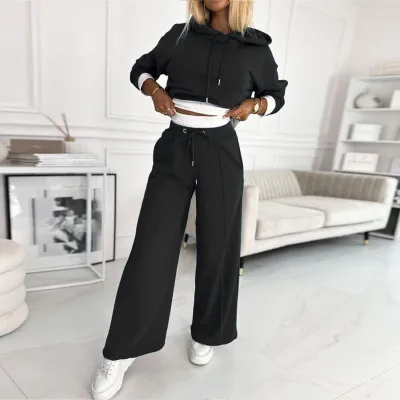 Women Fashion Casual Autumn And Winter Patchwork Long-Sleeve Hoodies Loose Pants Two-Piece Set
