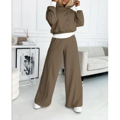 Women Fashion Casual Autumn And Winter Patchwork Long-Sleeve Hoodies Loose Pants Two-Piece Set