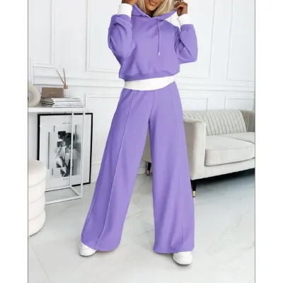Women Fashion Casual Autumn And Winter Patchwork Long-Sleeve Hoodies Loose Pants Two-Piece Set