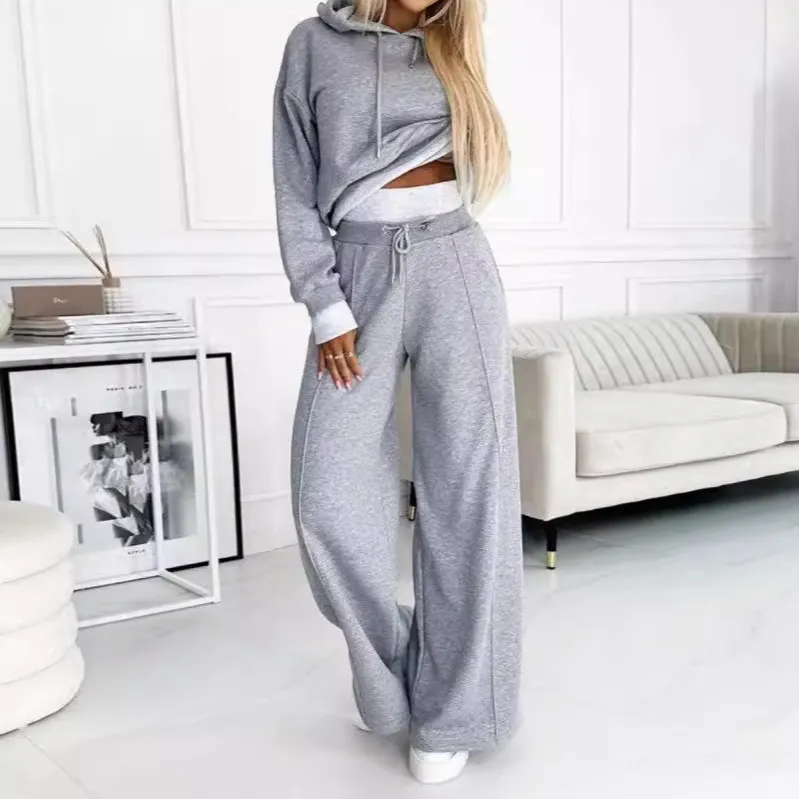 Women Fashion Casual Autumn And Winter Patchwork Long-Sleeve Hoodies Loose Pants Two-Piece Set
