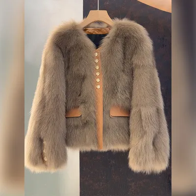 Winter Women Fashion Plush Single-Breasted Faux Fur Coat