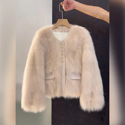 Winter Women Fashion Plush Single-Breasted Faux Fur Coat