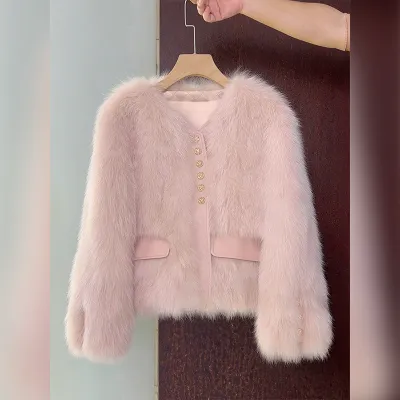 Winter Women Fashion Plush Single-Breasted Faux Fur Coat