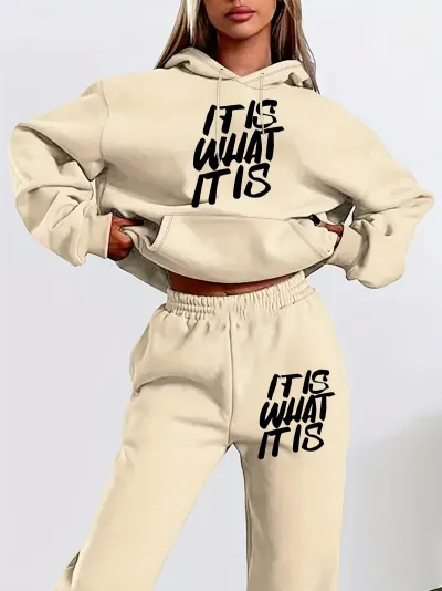 Women Fashion Casual Autumn Letter Print Long Sleeve Hoodies Slim-Fit Pants Two-Piece Set