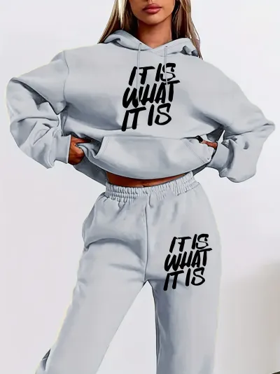 Women Fashion Casual Autumn Letter Print Long Sleeve Hoodies Slim-Fit Pants Two-Piece Set