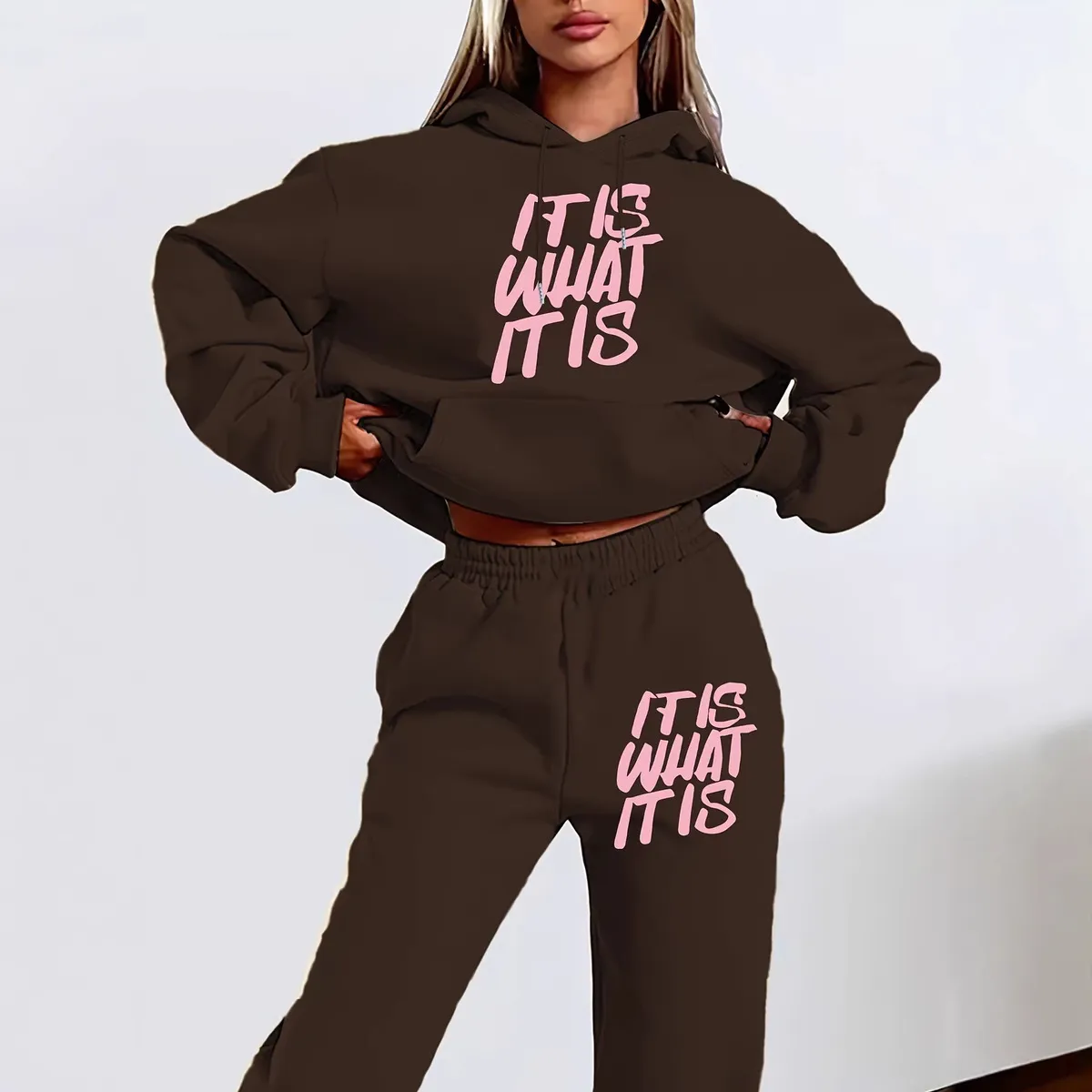 Women Fashion Casual Autumn Letter Print Long Sleeve Hoodies Slim-Fit Pants Two-Piece Set