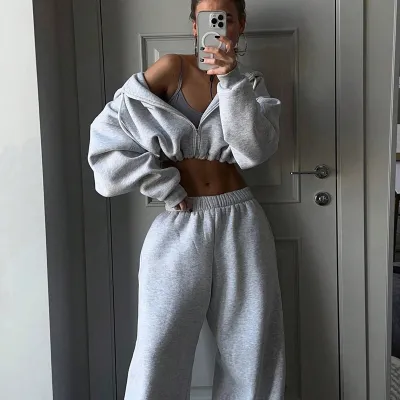 Women Fashion Casual Autumn And Winter Solid Color Long Sleeve Zipper Hoodies Loose Pants Two-Piece Set