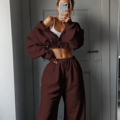 Women Fashion Casual Autumn And Winter Solid Color Long Sleeve Zipper Hoodies Loose Pants Two-Piece Set