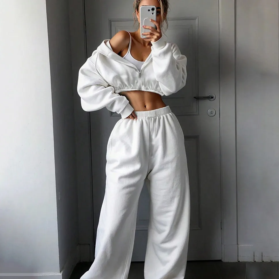 Women Fashion Casual Autumn And Winter Solid Color Long Sleeve Zipper Hoodies Loose Pants Two-Piece Set