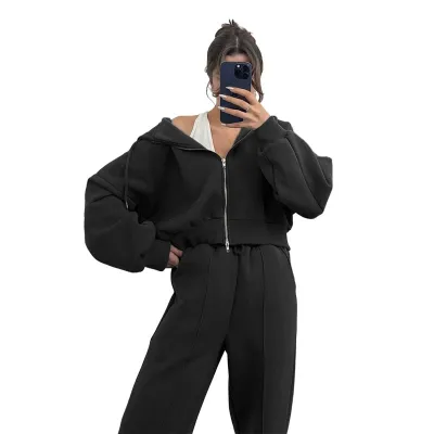 Women Fashion Casual Autumn And Winter Solid Color Hoodies Cardigan Straight Pants Two-Piece Set