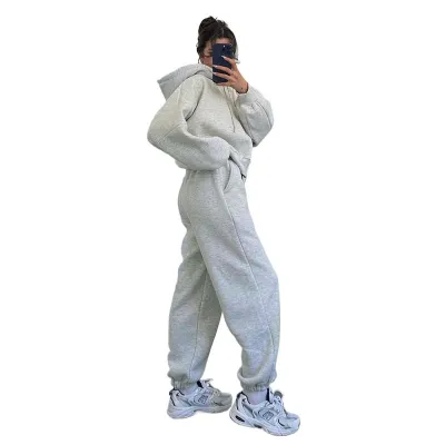 Women Fashion Casual Autumn And Winter Solid Color Hoodies Cardigan Straight Pants Two-Piece Set