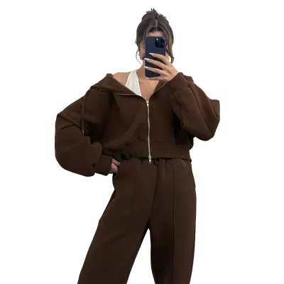 Women Fashion Casual Autumn And Winter Solid Color Hoodies Cardigan Straight Pants Two-Piece Set