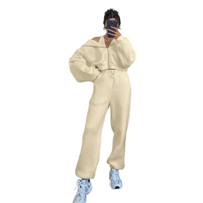 Women Fashion Casual Autumn And Winter Solid Color Hoodies Cardigan Straight Pants Two-Piece Set