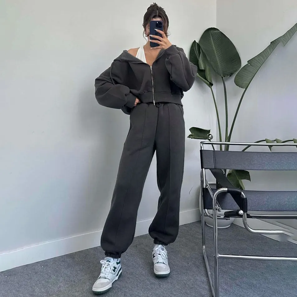 Women Fashion Casual Autumn And Winter Solid Color Hoodies Cardigan Straight Pants Two-Piece Set