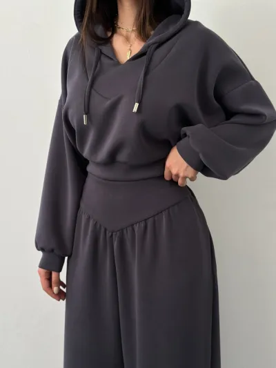 Women Fashion Casual Spring And Autumn Solid Color V-Neck Long Sleeve Hoodies Wide-Leg Pants Two-Piece Set