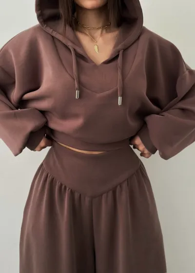 Women Fashion Casual Spring And Autumn Solid Color V-Neck Long Sleeve Hoodies Wide-Leg Pants Two-Piece Set