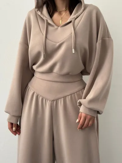 Women Fashion Casual Spring And Autumn Solid Color V-Neck Long Sleeve Hoodies Wide-Leg Pants Two-Piece Set