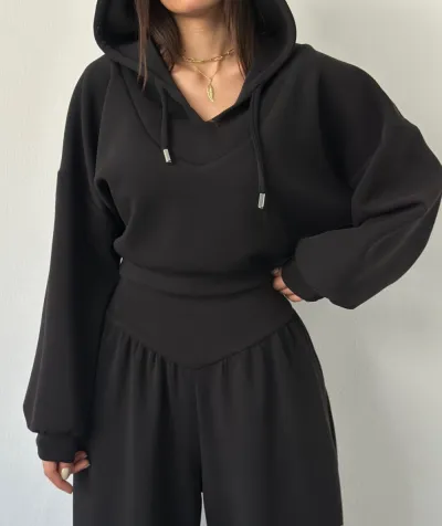Women Fashion Casual Spring And Autumn Solid Color V-Neck Long Sleeve Hoodies Wide-Leg Pants Two-Piece Set