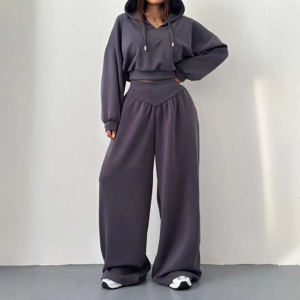 Women Fashion Casual Spring And Autumn Solid Color V-Neck Long Sleeve Hoodies Wide-Leg Pants Two-Piece Set