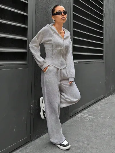 Women Fashion Casual Spring And Autumn Solid Color Zipper Hoodies Loose Pants Two-Piece Set