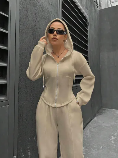 Women Fashion Casual Spring And Autumn Solid Color Zipper Hoodies Loose Pants Two-Piece Set