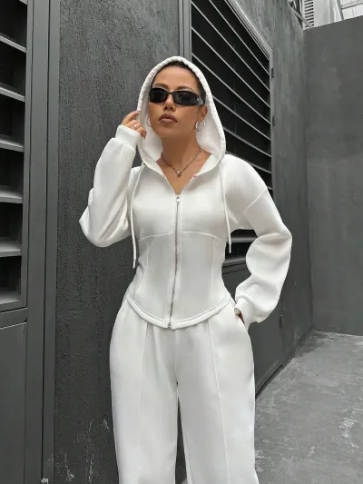 Women Fashion Casual Spring And Autumn Solid Color Zipper Hoodies Loose Pants Two-Piece Set