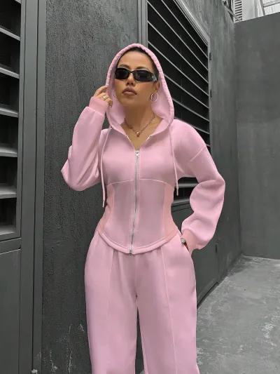 Women Fashion Casual Spring And Autumn Solid Color Zipper Hoodies Loose Pants Two-Piece Set
