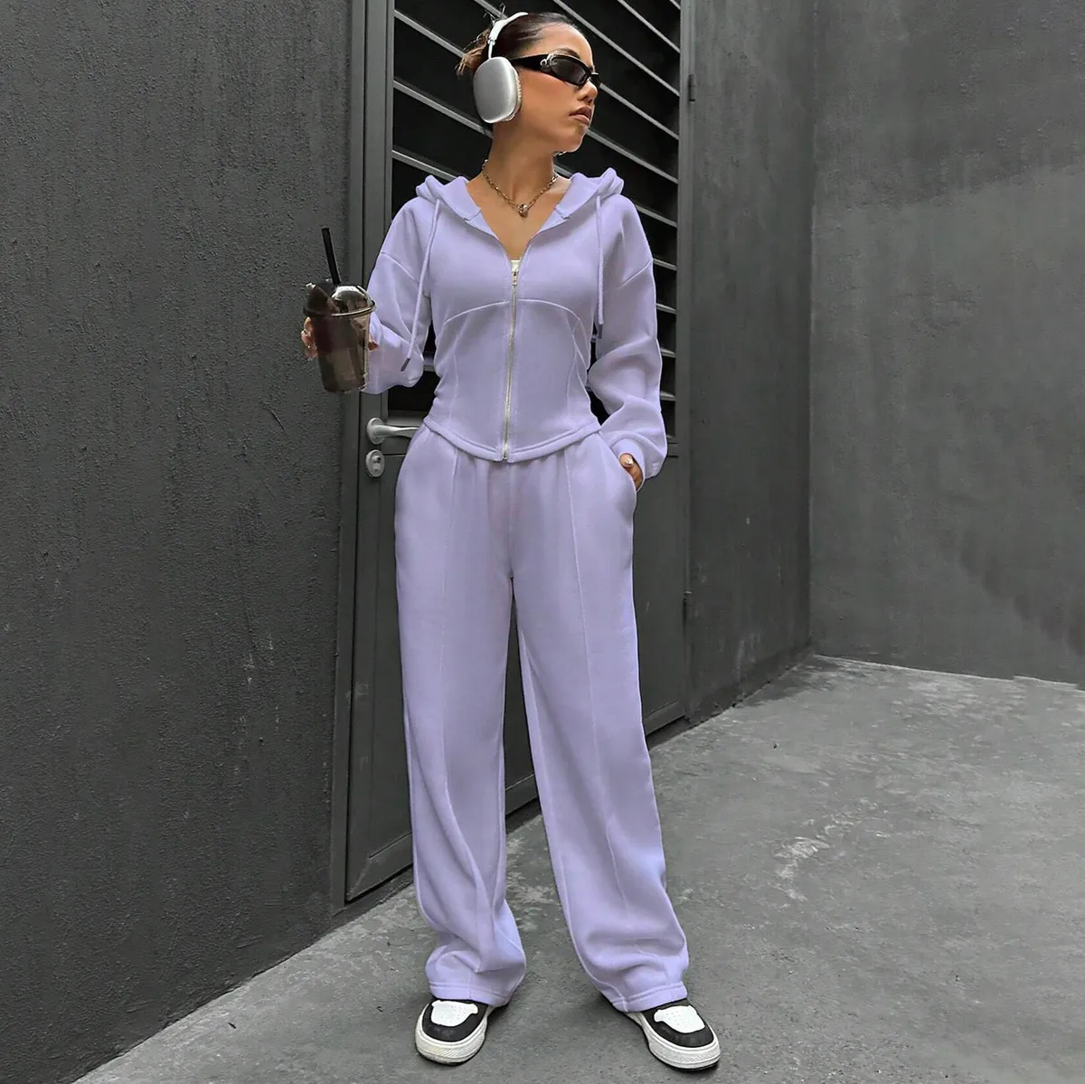 Women Fashion Casual Spring And Autumn Solid Color Zipper Hoodies Loose Pants Two-Piece Set